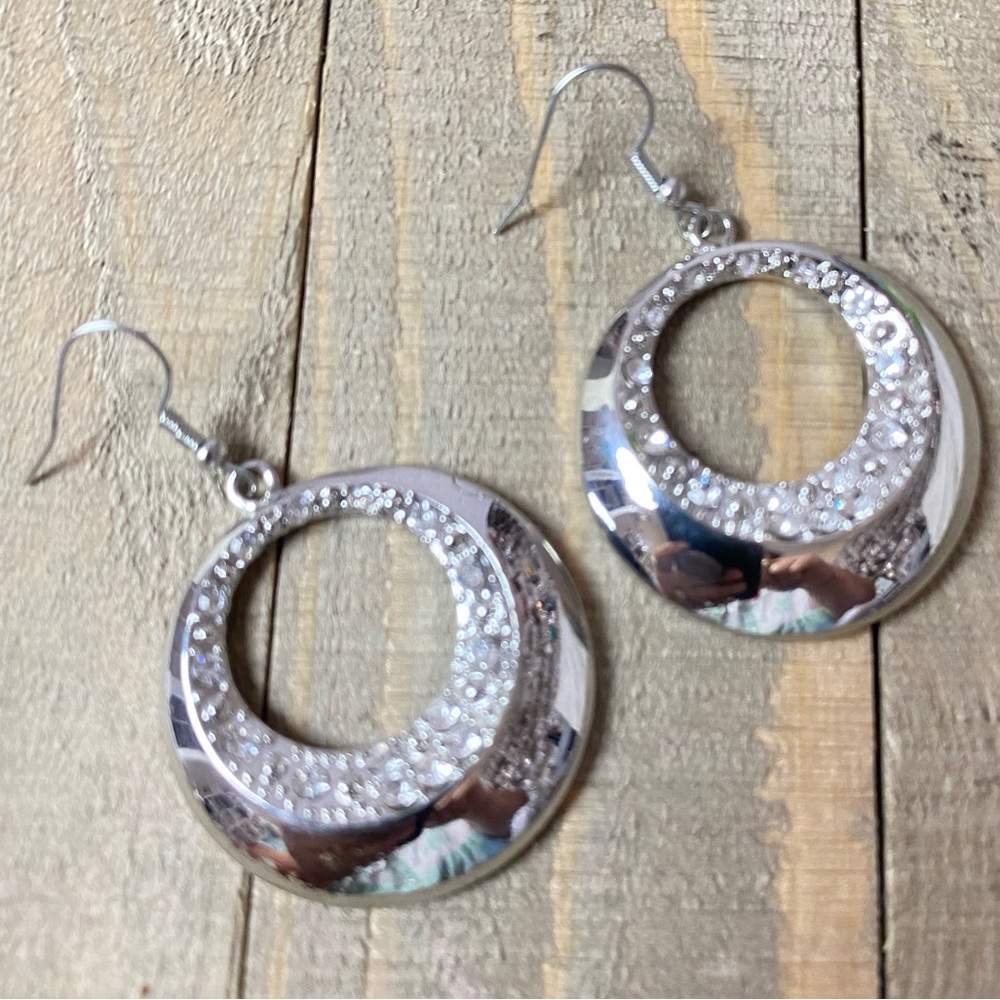 Silver Circle Earrings With Rhinestone detailing - Picture 6 of 7